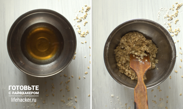Nectarine Curd Bars: Ανακατέψτε το βούτυρο και το μέλι και προσθέστε πλιγούρι βρώμης, αλεύρι και μαγειρική σόδα