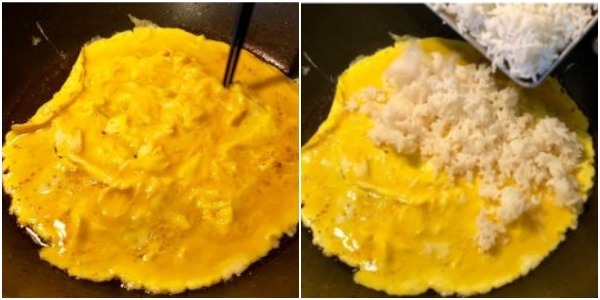 Πώς να μαγειρέψουν τηγανητά ρύζι με αυγό: Fry τα αυγά και προσθέτουμε το ρύζι