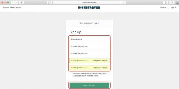 Πώς να αγοράσετε στο Kickstarter: εισάγετε ένα όνομα, το email και τον κωδικό πρόσβασης, και στη συνέχεια κάντε κλικ στο πράσινο κουμπί