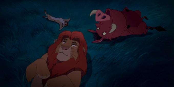 Κινουμένων σχεδίων «The Lion King»: Simba, Timon και Pumbaa είναι κάτω από το νυχτερινό ουρανό και να σκεφτούν σχετικά με τη φύση των άστρων