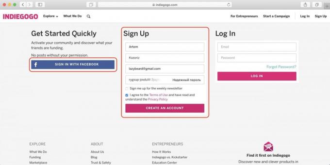 Πώς να αγοράσετε στο Indiegogo: εισάγετε το όνομα, το email και τον κωδικό πρόσβασης, ή Σύνδεση με Facebook