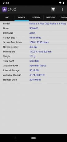 Αναθεώρηση της Nokia 6.1 Plus: CPU-Z (συνέχεια)