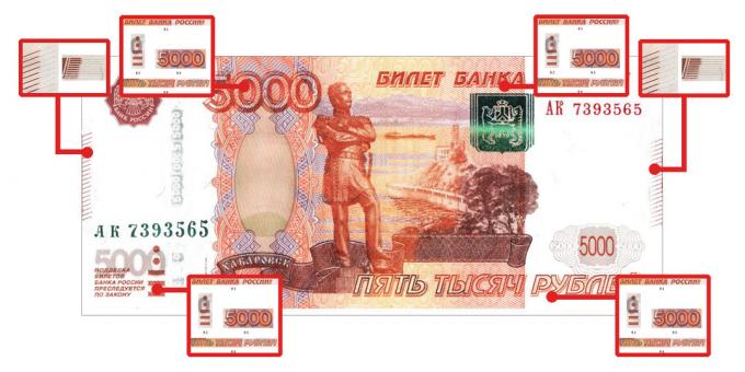 πλαστά χρήματα: χαρακτηριστικά γνησιότητας που είναι ορατές στην αφή, 5000 ρούβλια