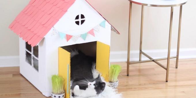 Πώς να κάνει ένα σπίτι ένας-ιστορία για μια γάτα με τα χέρια του: κρέμονται σημαίες και λαβές θυρών