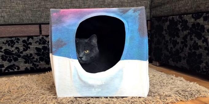Πώς να κάνει ένα σπίτι για την από γάτα από το κουτί και t-shirts με τα χέρια τους