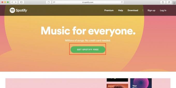Πώς να χρησιμοποιήσετε το Spotify στη Ρωσία: ανοιχτή ιστοσελίδα Spotify και κάντε κλικ στο Get Spotify κουμπί δωρεάν