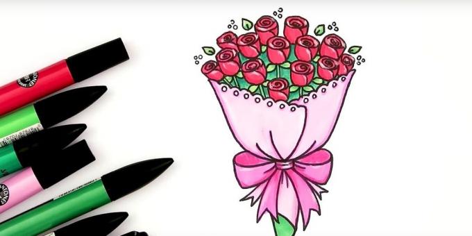 Πώς να σχεδιάσετε ένα μπουκέτο τριαντάφυλλα με μαρκαδόρους ή χρωματιστά μολύβια