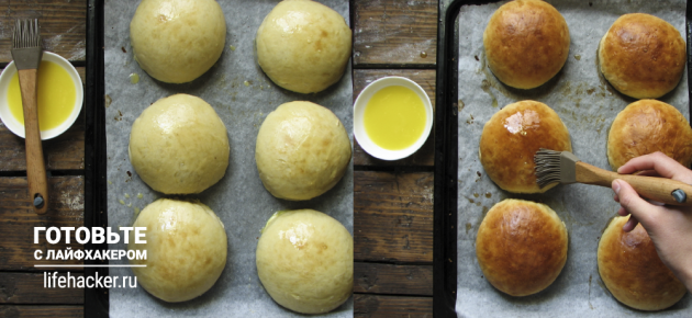 Καθολικά ψωμάκια για χοτ ντογκ και μπιφτέκια: λιπαρά ψωμιού με κρόκο και στη συνέχεια βούτυρο