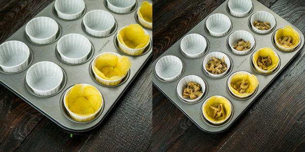 Μάφιν αυγών: Τοποθετήστε τη γέμιση πατάτας σε φόρμες για μάφιν