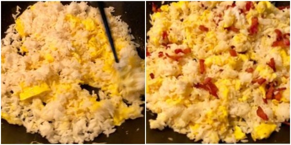 Πώς να μαγειρέψουν τηγανητά ρύζι με αυγό: Όταν το ρύζι θερμαίνεται, προσθέτουμε το μπέικον, αλάτι και σάλτσα σόγιας και ανακατεύουμε καλά