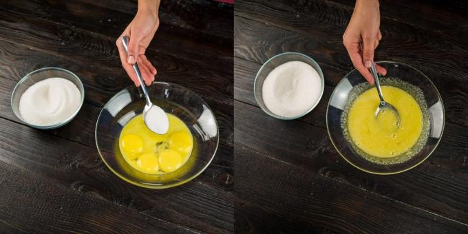 Βήμα προς βήμα συνταγή για Τιραμισού: Προσθέστε τη ζάχαρη και κρόκοι αυγών μέχρι λευκό μίγμα τρίψιμο