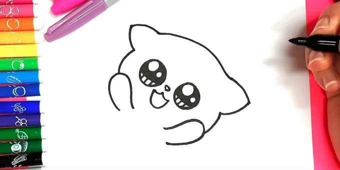 Πώς να επιστήσω Anime γάτα: η αριστερά και δεξιά κάτω από τα μάτια σηματοδοτήσει το περίγραμμα των ποδιών, και στην κορυφή - το κεφάλι και τα αυτιά