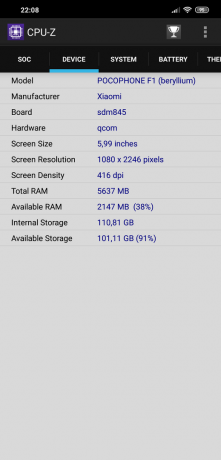 επανεξετάσει Xiaomi Pocophone F1: CPU-Z