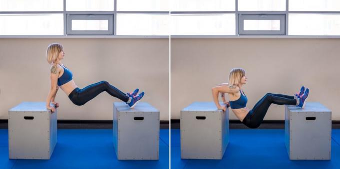 Αρχική προπονήσεις για αρχάριους: Αντίστροφη push-ups με τα πόδια σας στην πλατφόρμα
