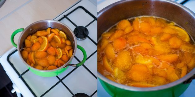 Βερίκοκο και μαρμελάδα πορτοκαλιού: βάλτε το δοχείο στη σόμπα