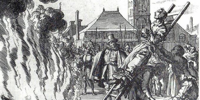 Η Ιερά Εξέταση στον Μεσαίωνα: "Το κάψιμο του Ολλανδού Αναβαπτιστή του 16ου αιώνα Anneken Hendrix, κατηγορούμενος για αίρεση", χαρακτική από τον Jan Leuken