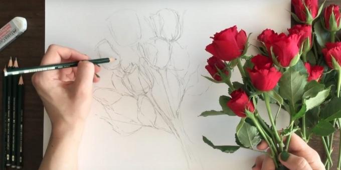 Ζωγραφική για τα πέταλα και σέπαλα στο κάτω μέρος δύο τριαντάφυλλα. Στην αριστερή φωτογραφία μερικά φύλλα
