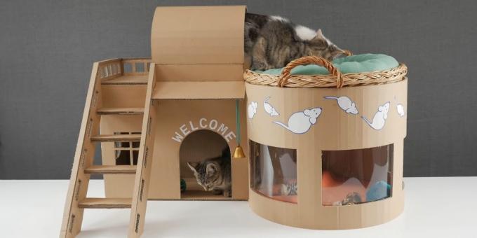Πώς να κάνει ένα διώροφο σπίτι για τις της γάτας από το κουτί με τα χέρια τους