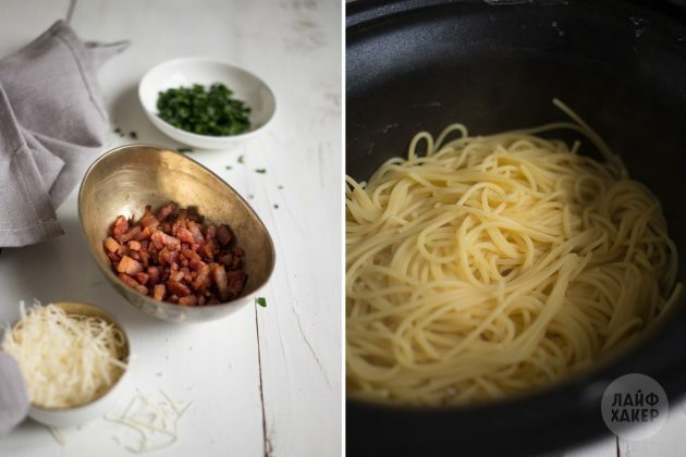Πώς να φτιάξετε ζυμαρικά carbonara: σοτάρετε μπέικον και βράστε μακαρόνια